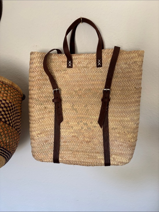 Handbags - Natural Woven Backpack with Leather Straps